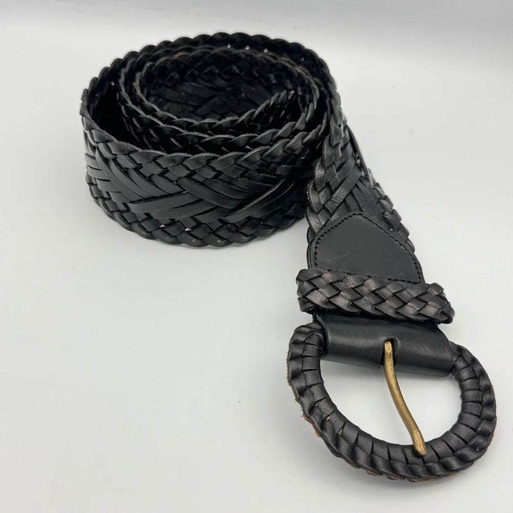 Vintage Black Braided Woven Leather Belt Wide Boho Round Buckle Brass Prong 40in
